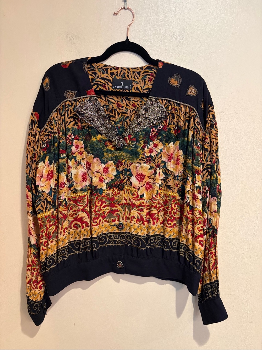 Vintage Carole Little Boho Bomber Jacket w/ Heart Buttons & Gold Foil Collar